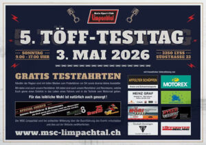 Plakat des 5. Töff-Testtags am 3. Mai 2026 in Lyss mit gratis Testfahrten und Sponsorenlogos.