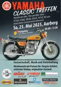 Yamaha Classic Treffen 2025 Plakat, Aarberg: Oldtimer-Motorräder der 60er-80er, Eventdetails und Wettbewerbe.