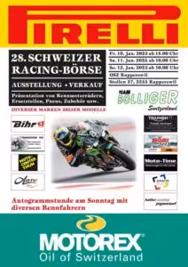 Plakat für die 28. Schweizer Racing-Börse 2025 mit Events und Autogrammstunde bei OSZ Rapperswil, gesponsert von Pirelli.