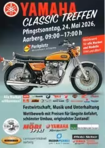Yamaha Classic Treffen 2026 in Aarberg: Motorrad-Event mit Wettbewerb, Musik und Unterhaltung für alle Motorradmarken.